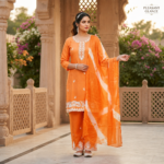 Orange Cotton Embroidered Kurta Set with Shibori Dupatta - Image 3