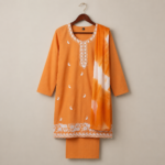 Orange Cotton Embroidered Kurta Set with Shibori Dupatta