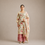 Floral Print Cotton Kurta with Striped Trousers Set - Image 3