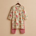 Floral Print Cotton Kurta with Striped Trousers Set - Image 2