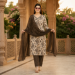 Paisley Print V-Neck Kurta Set with Dupatta - Image 3