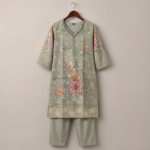 Floral Print Sage Green Kurta Set with Dupatta - Image 3