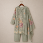 Floral Print Sage Green Kurta Set with Dupatta