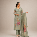 Floral Print Sage Green Kurta Set with Dupatta - Image 4