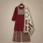Embroidered Maroon Kurta Set with Palazzo and Printed Dupatta