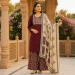 Embroidered Maroon Kurta Set with Palazzo and Printed Dupatta - Image 4