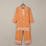 Orange Cotton Embroidered Kurta Set with Shibori Dupatta - Image 2